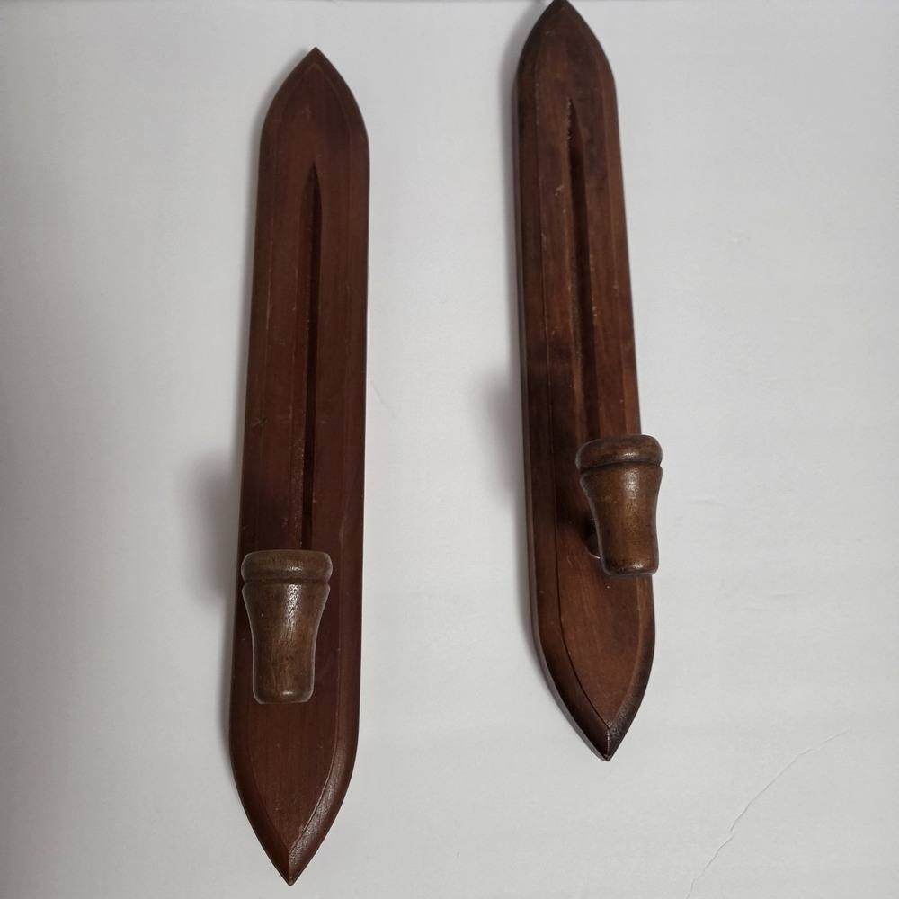 2 Vtg Wood Candle Wall Sconces Mid Century Modern Japan Taper Holder Decor Goth